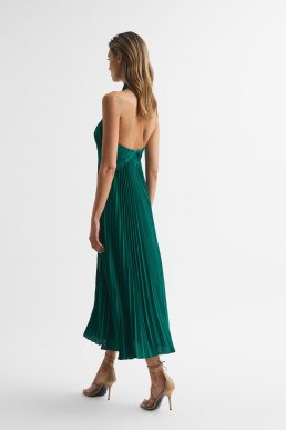 Reiss Roya Halter Neck Pleat Midi Dress Green