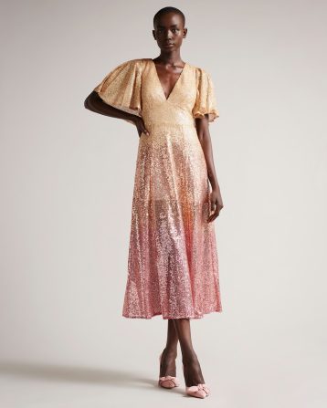 Ted Baker Glitzee Ombre Sequin Midi Dress Dusky Pink