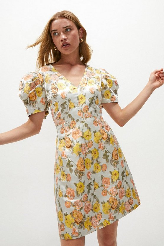 Floral Jacquard Mini Puff Sleeve Dress