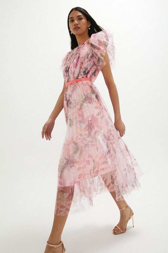 Mesh Printed Dress With Pleated Skirt