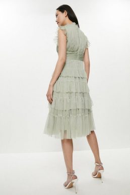 Coast Tulle Tiered Frill Sleeve Dress Light Green
