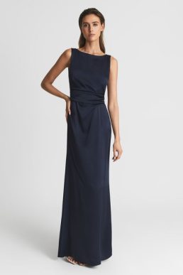 Reiss Mia Drape Front Maxi Dress Navy Blue