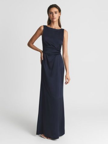 Reiss Mia Drape Front Maxi Dress Navy Blue