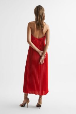 Reiss Roya Halter Neck Pleat Midi Dress Red