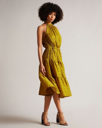 Ted Baker Eymilia Drawstring Waist Halterneck Dress Medium Yellow