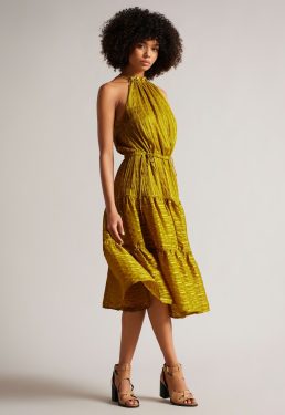 Ted Baker Eymilia Drawstring Waist Halterneck Dress Medium Yellow