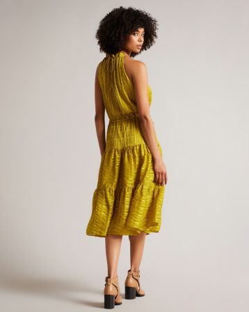 Ted Baker Eymilia Drawstring Waist Halterneck Dress Medium Yellow