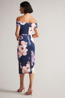 Ted Baker Lovez Bardot Bodycon Dress Dark Navy Multi