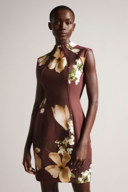Ted Baker Zassha Printed Bodycon Dress Brown Multi