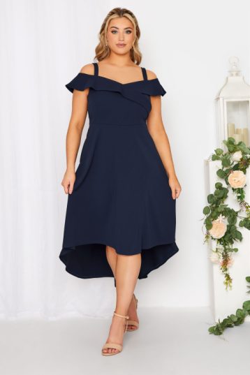 YOURS LONDON Curve Navy Blue Bardot High Low Midi Bridesmaid Dress