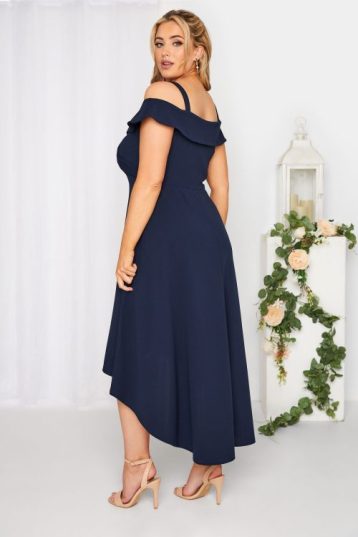 YOURS LONDON Curve Navy Blue Bardot High Low Midi Bridesmaid Dress