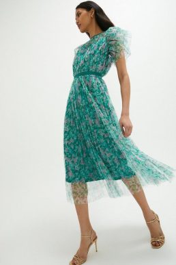 Coast Lace Mesh Printed Dress With Pleated Skirt Green Multi