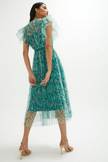 Coast Lace Mesh Printed Dress With Pleated Skirt Green Multi