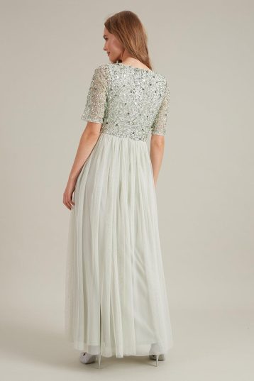 Dorothy Perkins Embellished V Neck Maxi Bridesmaid Dress, Sage Light Green - Image 2