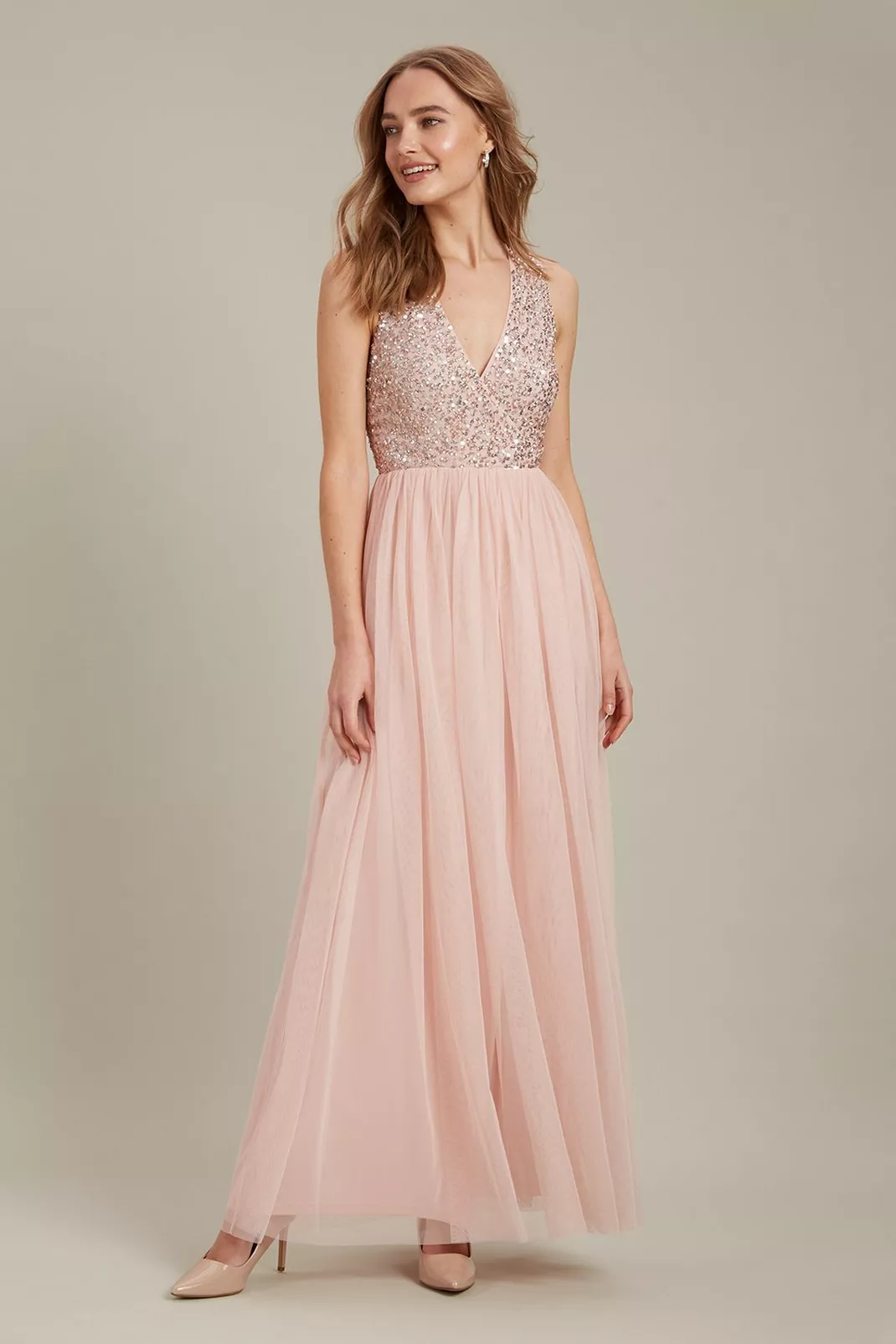 dorothy perkins embellished v neck tulle maxi bridesmaid dress blush pink