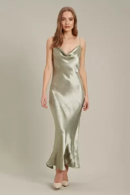 Dorothy Perkins Satin Maxi Tie Back Slip Bridesmaid Dress Sage Light Green