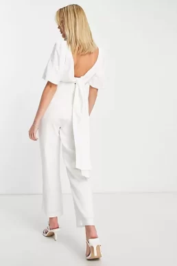 Hope & Ivy Bridal puff sleeve bow back jumpsuit in ivory