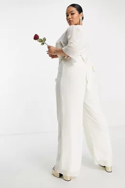 Hope & Ivy Plus Bridal embroidered plunge jumpsuit in ivory