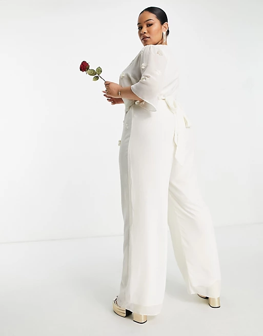 Hope Ivy Plus Bridal embroidered plunge jumpsuit in ivory