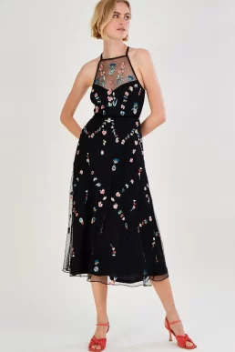 Monsoon Allison embroidered midi dress black multi
