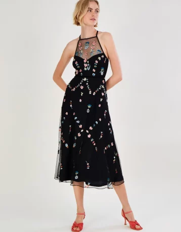 Monsoon Allison embroidered midi dress black multi