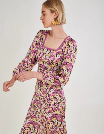 Monsoon Daria long sleeve midi dress with polyester pink multi