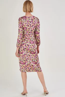 Monsoon Daria long sleeve midi dress with polyester pink multi