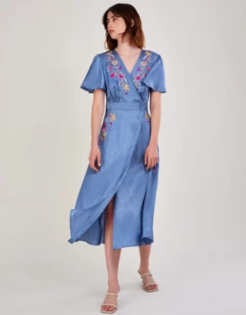 Monsoon Elizabeth embroidered jacquard dress blue multi