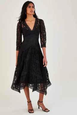Monsoon Ellen lace hanky hem dress black