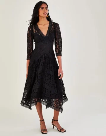 Monsoon Ellen lace hanky hem dress black