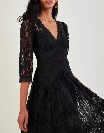 Monsoon Ellen lace hanky hem dress black