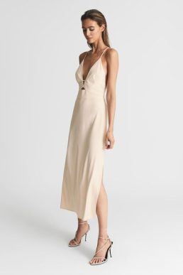 Reiss Ellis Plunge Bodycon Midi Dress Nude