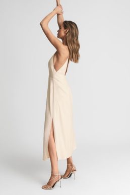Reiss Ellis Plunge Bodycon Midi Dress Nude
