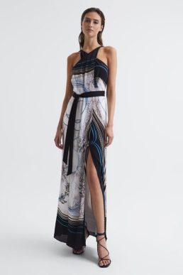 Reiss Hope Halter Jewel Print Maxi Dress Black Multi