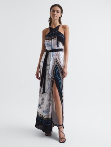 Reiss Hope Halter Jewel Print Maxi Dress Black Multi