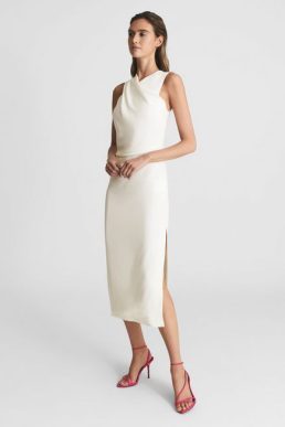 Reiss Imogen Sleeveless Ruched Midi Dress Ivory