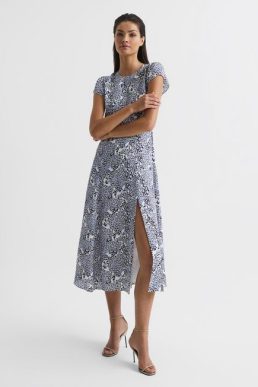 Reiss Livia Printed Cut Out Back Midi Dress Grey White