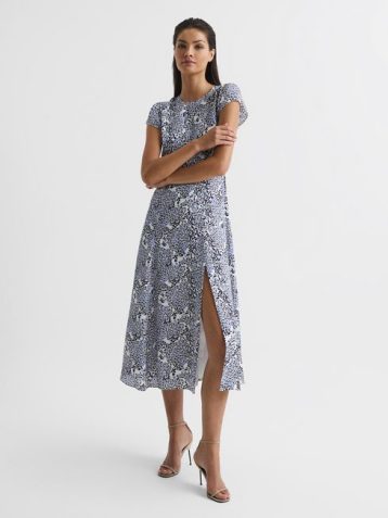 Reiss Livia Printed Cut Out Back Midi Dress Grey White