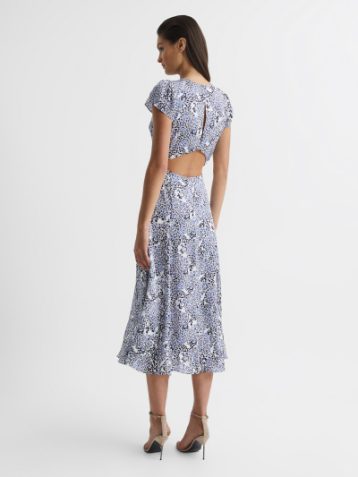 Reiss Livia Printed Cut Out Back Midi Dress Grey White