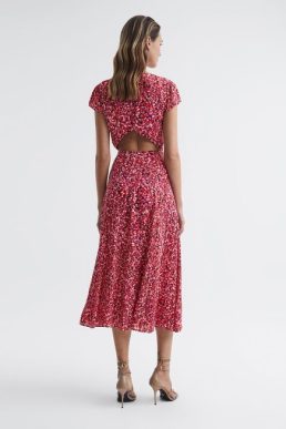 Reiss Livia Printed Cut-Out Back Midi Dress Pink Multi