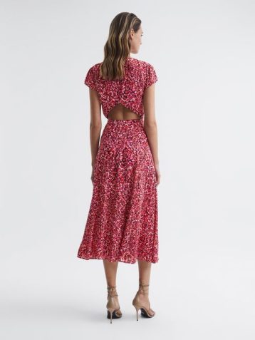 Reiss Livia Printed Cut-Out Back Midi Dress Pink Multi