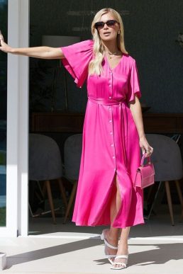 Threadbare Women's Pink Satin Button Down Midi Dress