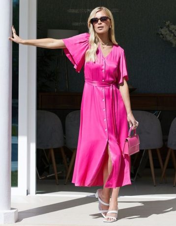 Threadbare Women's Pink Satin Button Down Midi Dress