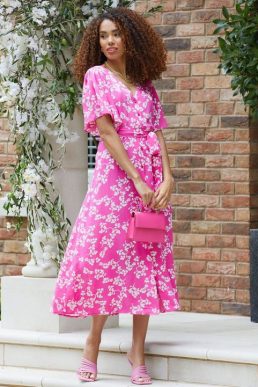 Threadbare Pink Floral Print Midi Dress Pink White