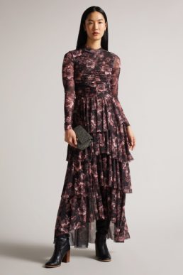 Ted Baker Janeti Fitted Bodice Dress with Asymmetric Skirt Purple