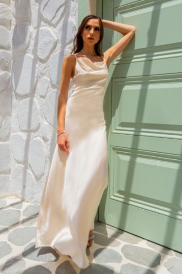 TFNC Skirt & Stiletto Bias Cut Satin Maxi Dress Ivory