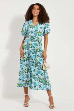 Threadbare Blue Aztec Print Midi Dress Blue Green