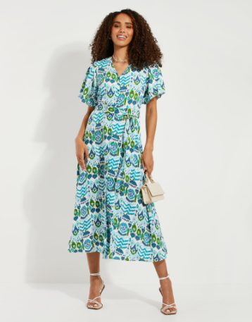 Threadbare Blue Aztec Print Midi Dress Blue Green