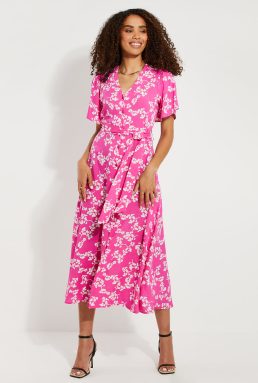 Threadbare Pink Floral Print Midi Dress Pink White