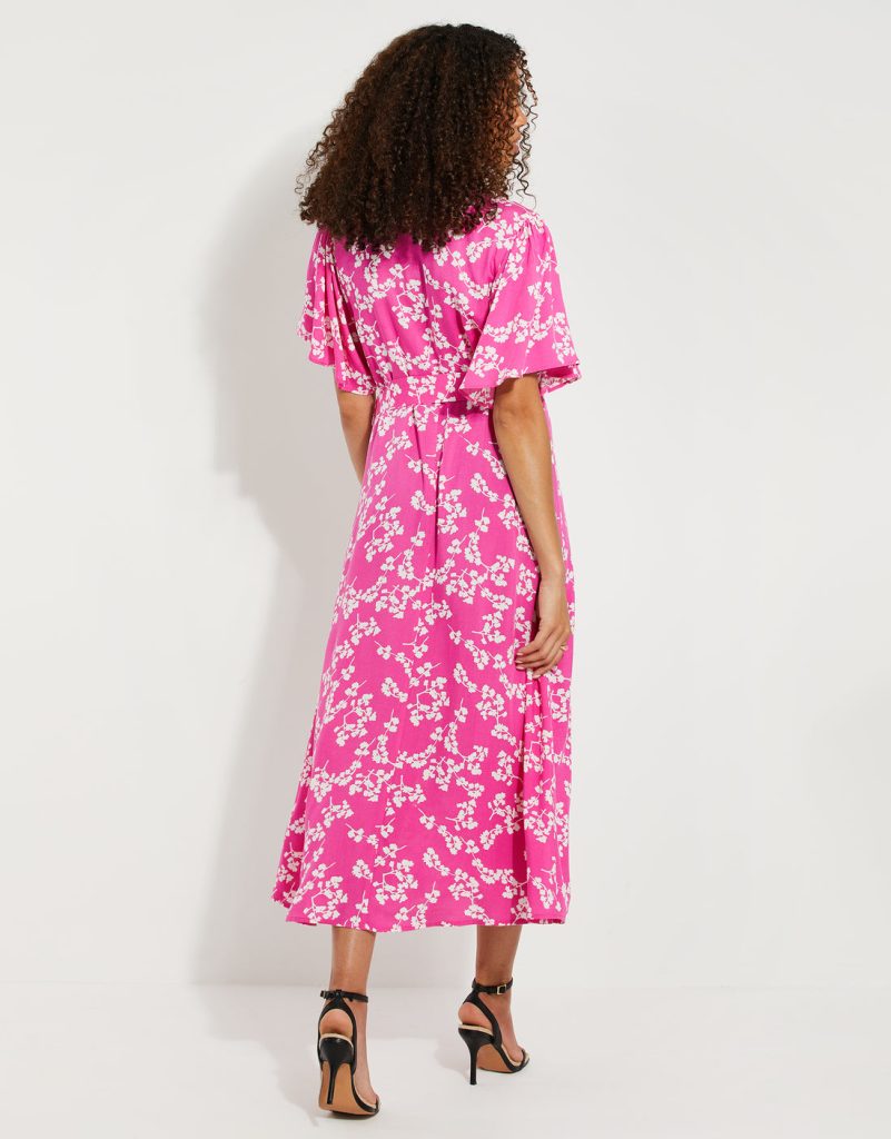 Threadbare Pink Floral Print Midi Dress, Pink/White